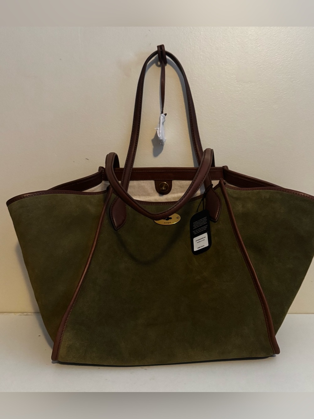 Margot New York Olive Green Suede Phoebe Tote With Brown Leather Trim NWT